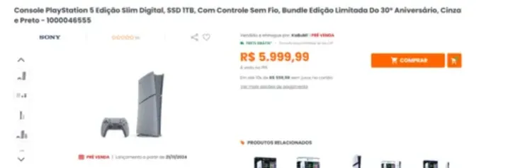 Console PlayStation 5 Edição Slim Digital, SSD 1TB, Com Controle Sem Fio, Bundle Edição Limitada Do 30º Aniversário, Cinza e Preto - 1000046555