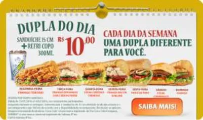 [SUBWAY] SANDUÍCHE DE 15CM + REFRI 300ML - R$10,00