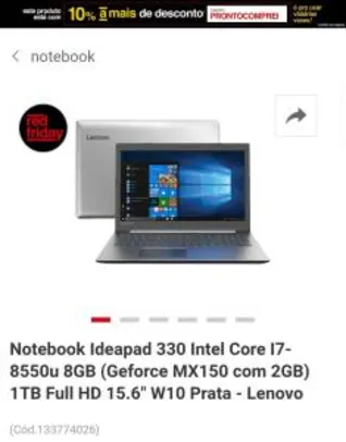 Notebook Ideapad 330 Intel Core I7-8550u 8GB (Geforce MX150 com 2GB) 1TB Full HD 15.6" W10 Prata - Lenovo - R$2880