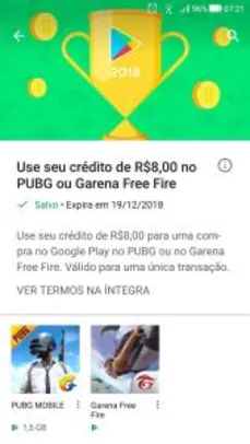 R$8,00 grátis na PlayStore para PUBG ou FreeFire