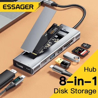 Essager-8-in-1 Hub USB com função de armazenamento de disco, USB Type-C para HDMI, Dock Station portátil compatível para Macbook Pro Air M1 M2 