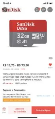 Micro SD Sandisk Ultra 32Gb - R$22