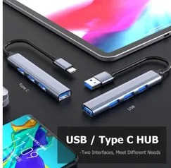 Hub USB 3.0, 4 portas, De alumínio, Entrada USB ou Tipo C