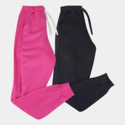 Kit 2 Calças Moletom Básicos Jogger Feminino - Pink e Preto R$80