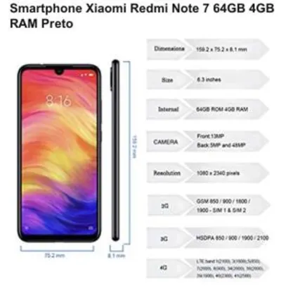 Smartphone Xiaomi Redmi Note 7 64GB 4GB RAM Preto | R$979