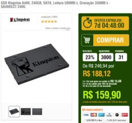 SSD Kingston A400, 240GB | R$160