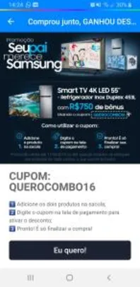 R$ 750 OFF  no combo SMART TV un55ru7100 + Geladeira/Refrigerador Samsung