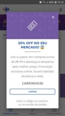 30% Off na categoria de mercado do Carrefour