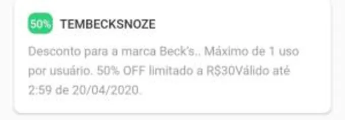 50% OFF limitado a R$30 na cerveja Beck's