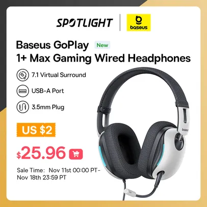 [Taxa Inclusa] Fones de ouvido com fio e microfone Baseus GoPlay 1 + Max Gaming Over-Ear Headphone 7.1 Virtual Surround 40mm + 10mm