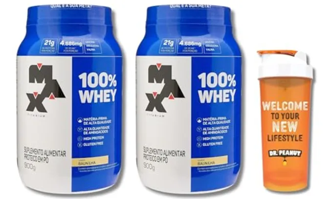 Combo 2x 100% Whey Pote Max Titanium - 900G Baunilha + Coqueteleira