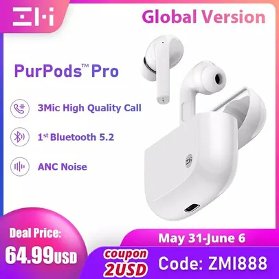 Fone de Ouvido TWS ZMI PurPods Pro Bluetooth 5.2 | R$363