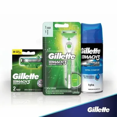Kit Gillette Mach3 Acqua-grip Sensitive + 2 Cargas + Gel 72ml Grátis R$23