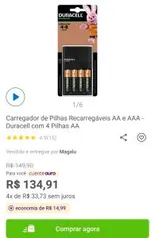 [Cliente Ouro] Carregador de Pilhas Recarregáveis AA e AAA - Duracell com 4 Pilhas AA | R$ 110