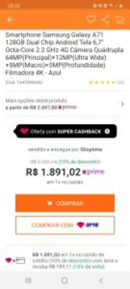 [Shoptime Prime + AME| R$1702] Smartphone Samsung Galaxy A71 | 128GB | R$ 1891