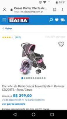 Carrinho de Bebê Cosco Travel System Reverse CD200TS - Rosa/Cinza - R$399