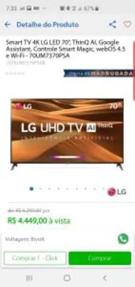 Smart TV 4K LG LED 70”, ThinQ AI, Google Assistant, R$ 4449