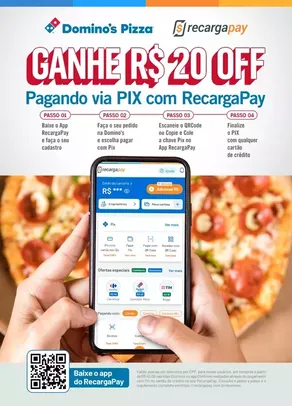 Ganhe R$ 20 OFF na Pizza Domino's pagando com Pix (loja ou app Domino's)