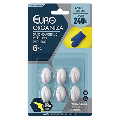 [SUPER R$ 7,00] Gancho Adesivo Plástico Pequeno 6 Peças, ENC1171, Euro Home, Branco