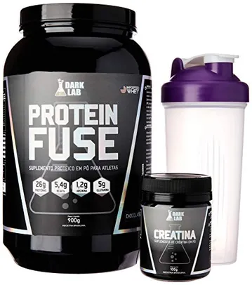 Kit Whey Protein Fuse 900g + Creatina 100g + Coqueteleira Roxa Dark Lab | R$130