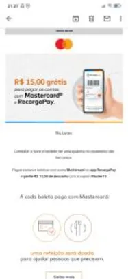 [PRIMEIRO USO] R$ 15 OFF para Pagamento de contas - Mastercard e Recarga Pay