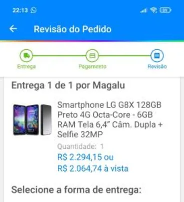 (App) Smartphone LG G8X 128GB Preto 4G Octa-Core - 6GB | R$2064
