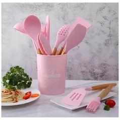 Jogo Kit Com 12 Peças Utensílios De Cozinha Colheres Espatulas Pegador Silicone Copo Suporte