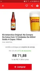 Kit Antarctica Original: Na Compra Da Caixa Com 12 Unidades De 600ml Grátis 4 Copos 190ml | R$72