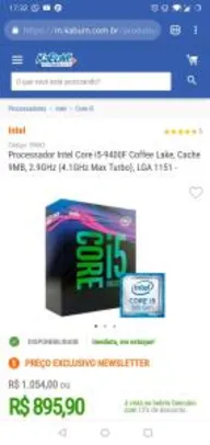 Processador Intel Core i5-9400F Coffee Lake, Cache 9MB, 2.9GHz (4.1GHz Max Turbo), LGA 1151 - BX80684I59400F R$896