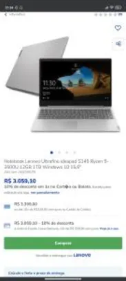 Notebook Lenovo Ultrafino ideapad S145 Ryzen 5-3500U 12GB 1TB Windows 10 15,6" R$3059