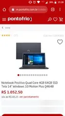 Notebook Positivo Quad Core 4GB 64GB SSD Tela 14” Windows 10 Motion Plus Q464B R$1.052