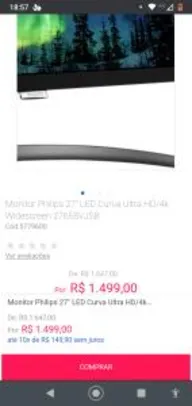 Monitor Philips 27" LED Curva Ultra HD/4k Widescreen - R$1500