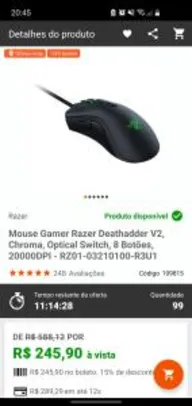 Mouse Gamer Razer Deathadder V2, Chroma, 8 Botões, 20000DPI | R$246
