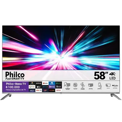 Smart TV LED 58 4K Philco PTV58G7UR2CSBL Roku TV, Dolby Audio, HDR10, App Mobile, Borda Infinita