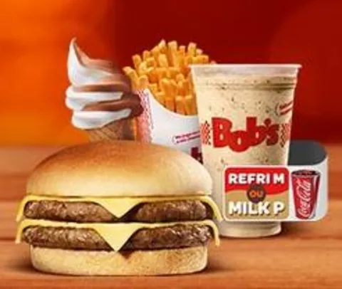 Lanche completo: Cheeseburger M + Batata Palito M + Milk P ou Refri M + Casquinha por R$17,50 no Bob's
