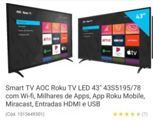 [R$1.530 com AME] Smart TV AOC Roku TV LED 43" 43S5195/78 | R$ 1580