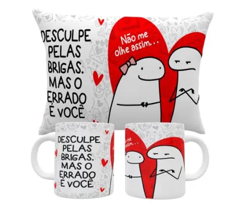 Surpreenda seu amor no Dia Dos Namorados com O Incrivel Kit Presente Romântico "Flork" - Almofada + Caneca de Porcelana - Desculpe Pelas Brigas