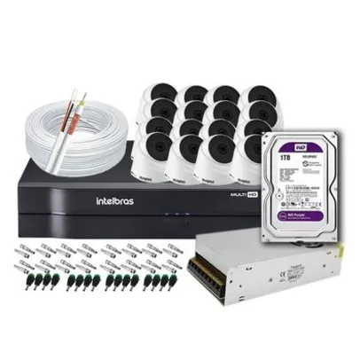 Kit 16 Câmeras de Segurança Infra HD 720p Intelbras VHL 1120D + DVR Intelbras Multi HD + HD WD Purple 1TB + Acessórios