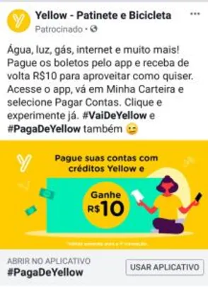 [1a transação] Use o App yellow pra pagar conta e receba R$10 de volta