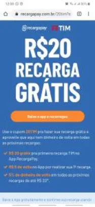 [Primeira compra] Crédito TIM de R$20 grátis recargapay