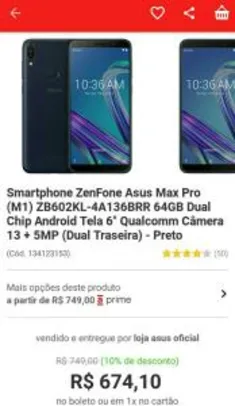 [R$661 com Ame] Smartphone ZenFone Asus Max Pro (M1) 64GB - R$674