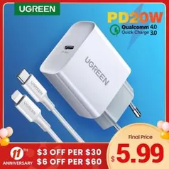 Carregador Ugreen carga rápida 4.0 3.0 qc pd 20w qc4.0 qc3.0 usb tipo c | R$34