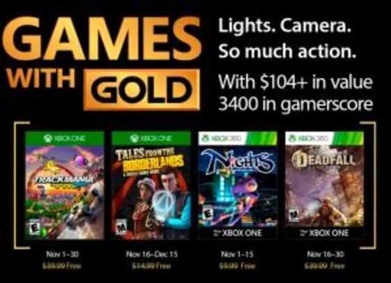 Grátis: [Novembro] Xbox Games with Gold - Trackmania Turbo, NiGHTS into Dreams, Tales from the Borderlands, Deadfall Adventures | Pelando