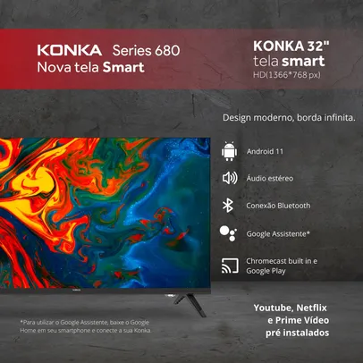 Smart TV Konka LED 32 Design sem bordas, Google Assistant e Android TV com Bluetooth KDG32