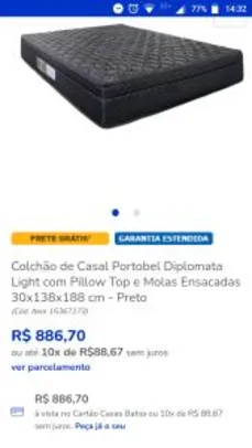 Colchão de Casal Portobel Diplomata Light com Pillow Top e Molas Ensacadas 30x138x188 cm - Preto | R$886