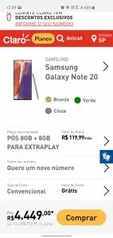 Samsung Galaxy Note 20 p/ clientes Claro R$4449 [R$2000 de Cashback em Samsung]