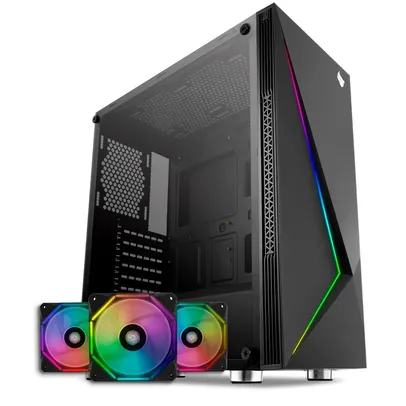 Gabinete Gamer Komor RGB + Kit Ventoinhas Wave RGB 3x + Controladora