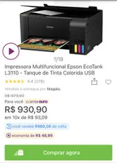 [APP - R$80 de volta] Impressora Multifuncional Epson EcoTank L3110 | R$930