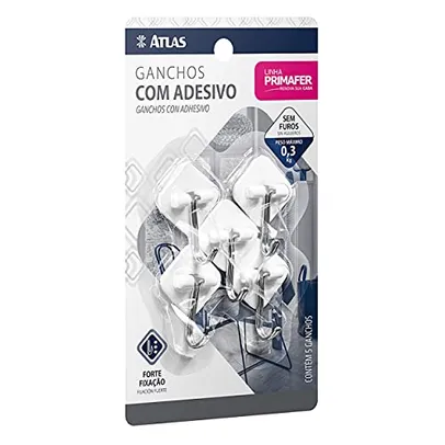 Gancho Adesivo Plástico com Metal, Suporta até 300g, Pacote com 5 Peças, Cor Branco, Atlas.