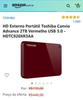 HD Externo Toshiba Canvio Advance 2TB Vermelho USB 3.0 | R$440